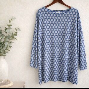 Pure Jill Tagged XL Tall Fits like a 2X Blue White Print Tunic Oversized Boho